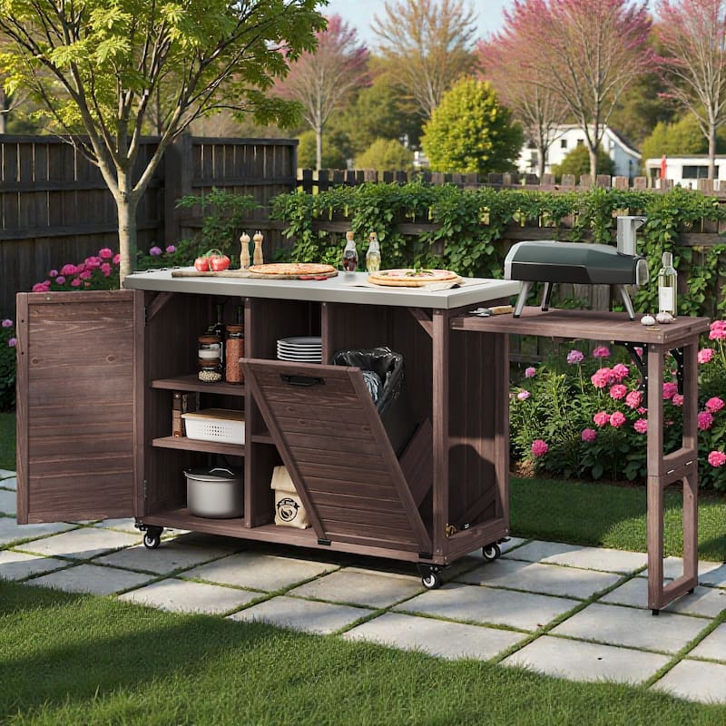 78.3" Outdoor Kitchen Island with Foldable Grill Table, Solid Wood BBQ Cart with Trash Storage & Stainless Steel Top