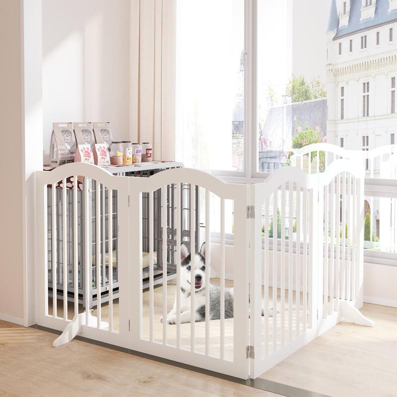 27.6"Height White Wooden 4-Panel Pet Gate Freestanding Foldable Playpen for Dogs Cats - 80”L x 0.70”W x 27.56”H