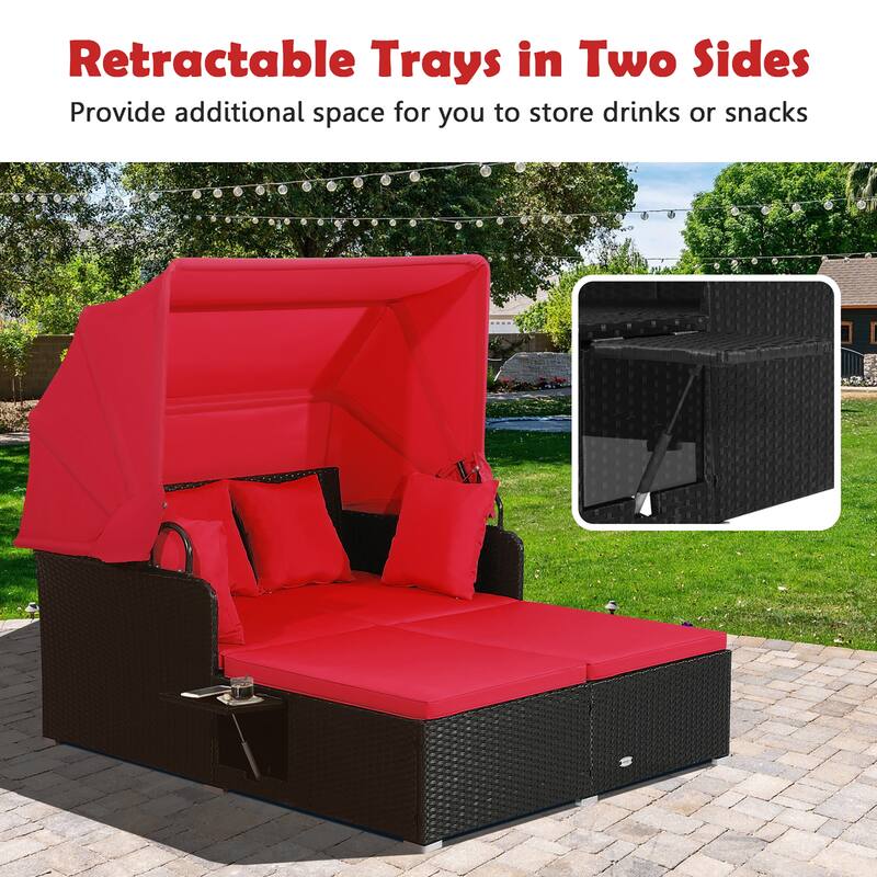 Costway Patio Rattan Daybed Lounge Retractable Top Canopy Side Tables - See Details