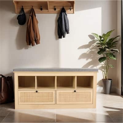Rattan Shoe Bench,Entryway Bench w/Shoe Storage Wooden Shoe Rack Bench