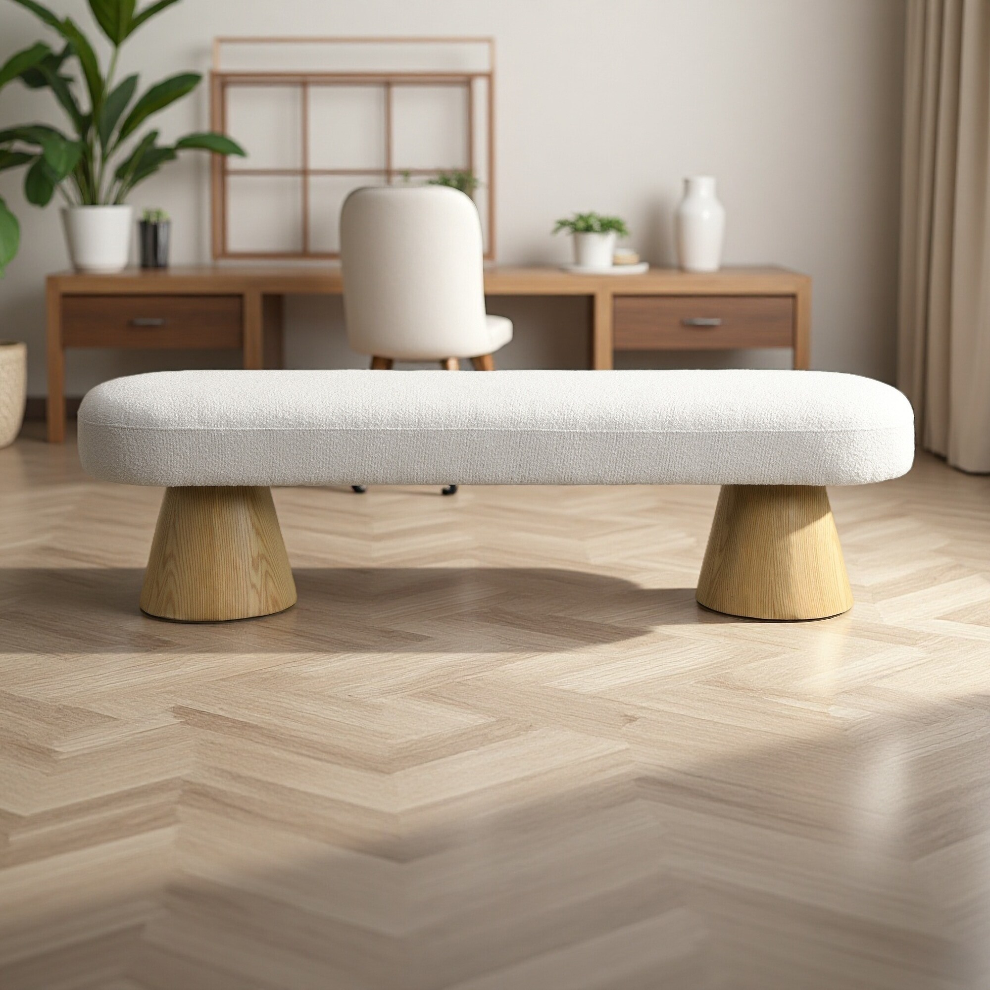 64"L Dining Bench Upholstered Boucle Seat, Wood Legs, 6" Foam Padding, Non-Slip Feet, Multi-Functional for Dining Room, Bedroom