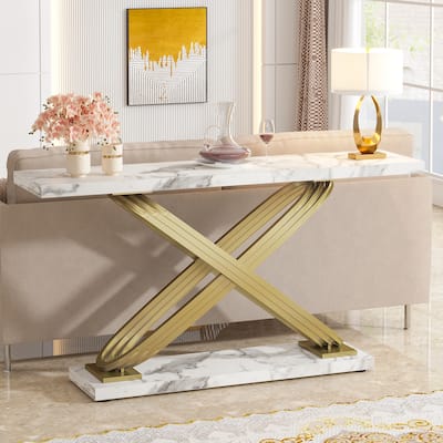 55’’ Long Sofa Table, Faux Modern Marble Console Table Behind Sofa Couch