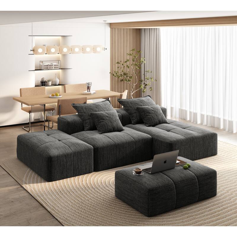 Oversized Modular Chenille Sectional Sofa with Ottoman, Chaise Lounge, 1 Armrest and 4 Pillows for Living Room