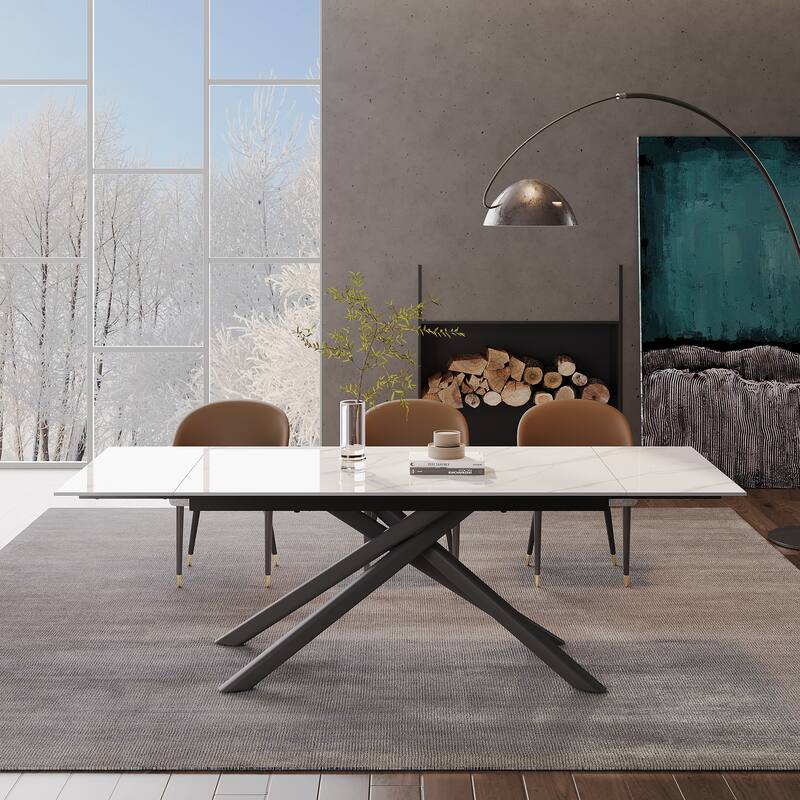 9 - Piece Extendable Rectangular Sintered Stone Cross Legs Dining Set With 8 Chairs For Home or Villa