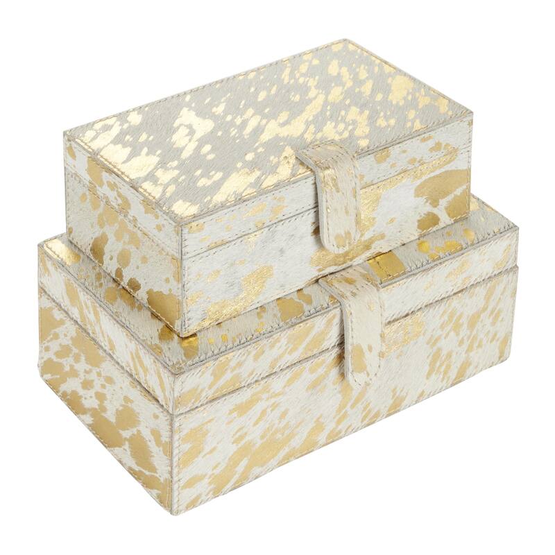 Leather Handmade Decorative Box with Hinged Lid - Set of 2 Gray, Brown, Dark Brown, Gold, Silver - Roche River Decor