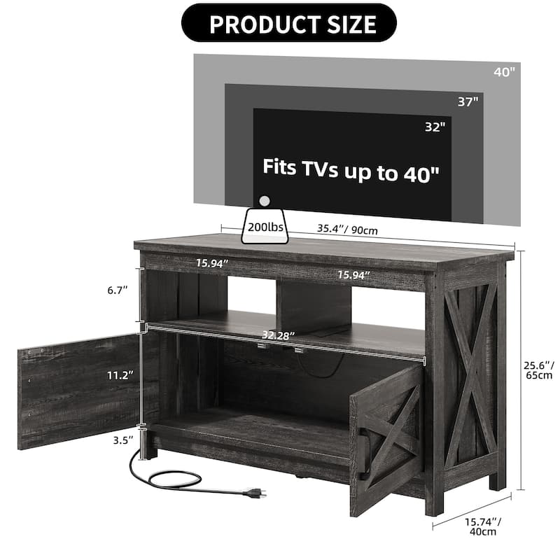 Farmhouse TV Stand for up to 65" TV with Doors and Open Shelves Media Console Power Outlet