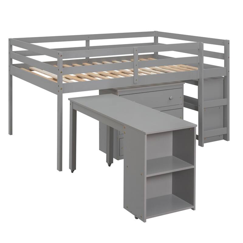 Low Loft Bed with Cabinet Shelves and Rolling Portable Desk