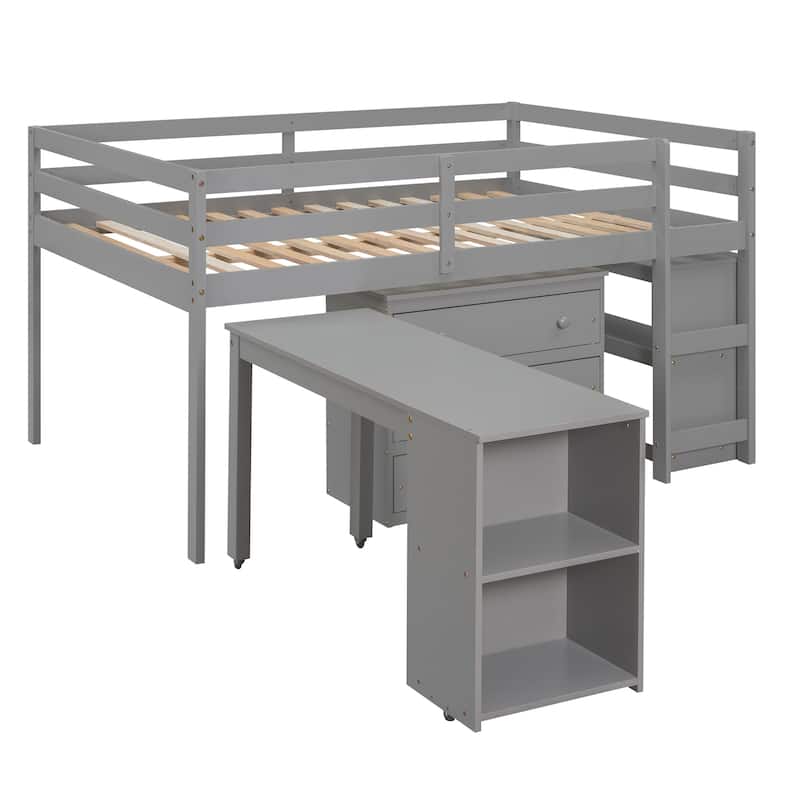 Multifunctional Full Loft Bed with Cabinet, Shelves, and Rolling Desk in Gray
