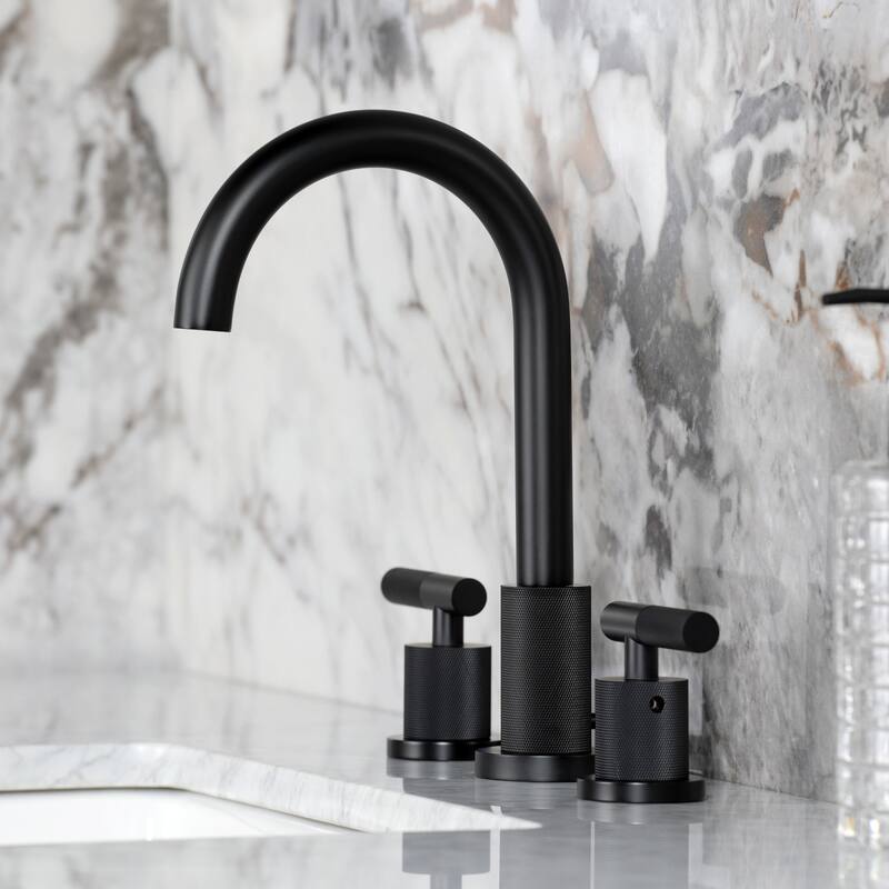 Kingston Brass Convergent Two-Handle 3-Hole Deck Mount Widespread Bathroom Faucet with Knurled Handle and Brass Pop-Up Drain