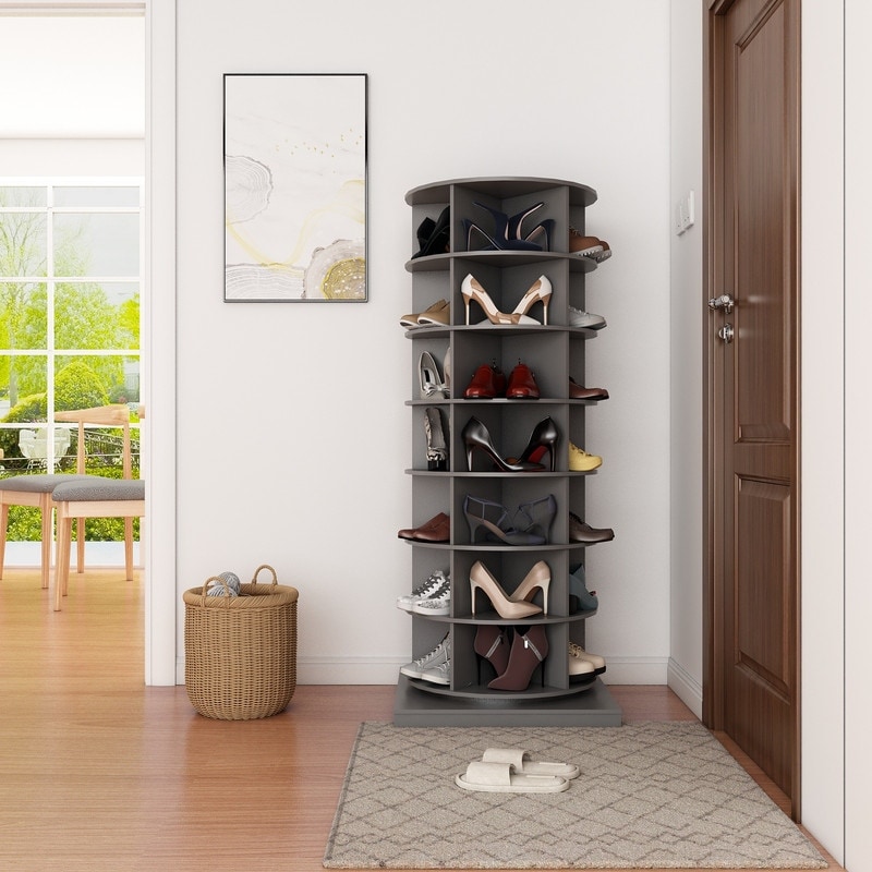 White Swivel Rotating Shoe Rack with 3 Doors 9-Tier Modern Shoe Cabinet  with Storage