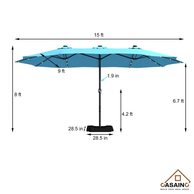 15-ft. Rectangular Crank Double-sided Outdoor Market Umbrella Solar LED Lighted Patio Umbrella with Base Included