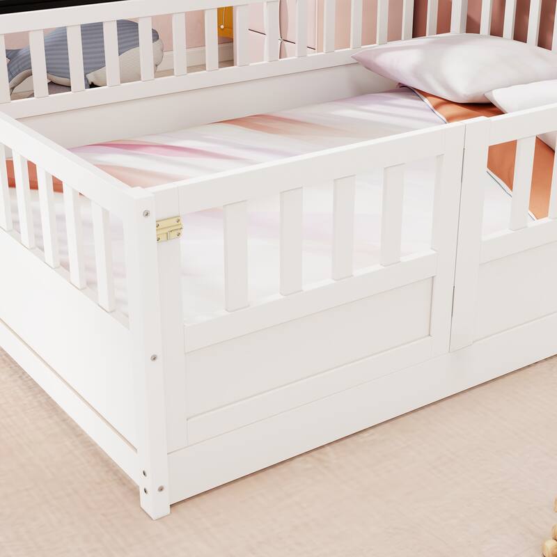 Montessori Wooden Floor Bed for Kids, Full/Twin Size with High Guardrails and Door, Easy Assembly