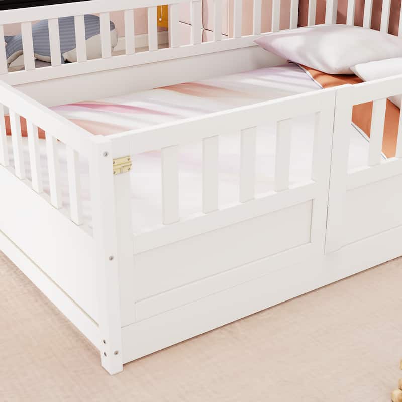 White Full Size Pine Wood Floor Bed, Integral Construction with Super High Security Barrier, Door, Children's Floor Bed Frame