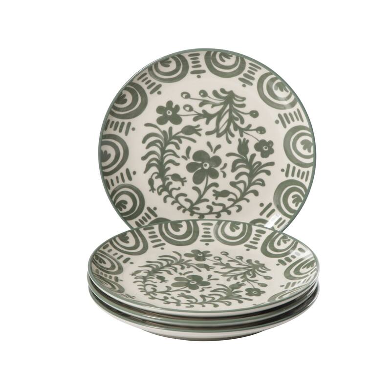 Bloomhouse - 2-Time Oprah's Favorite Things - Valencia Flor 4 Piece Salad Plate Set, 8.75" Stoneware Floral Decal Design - Fern Green