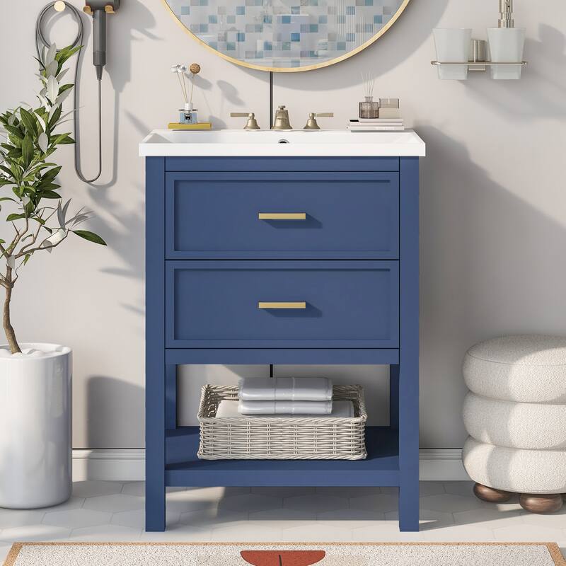 Blue and Gold Bathroom Vanity with Resin Basin Sink, U-Shaped Drawer, Textured Hardware, Storage Cabinet - 24in L MDF