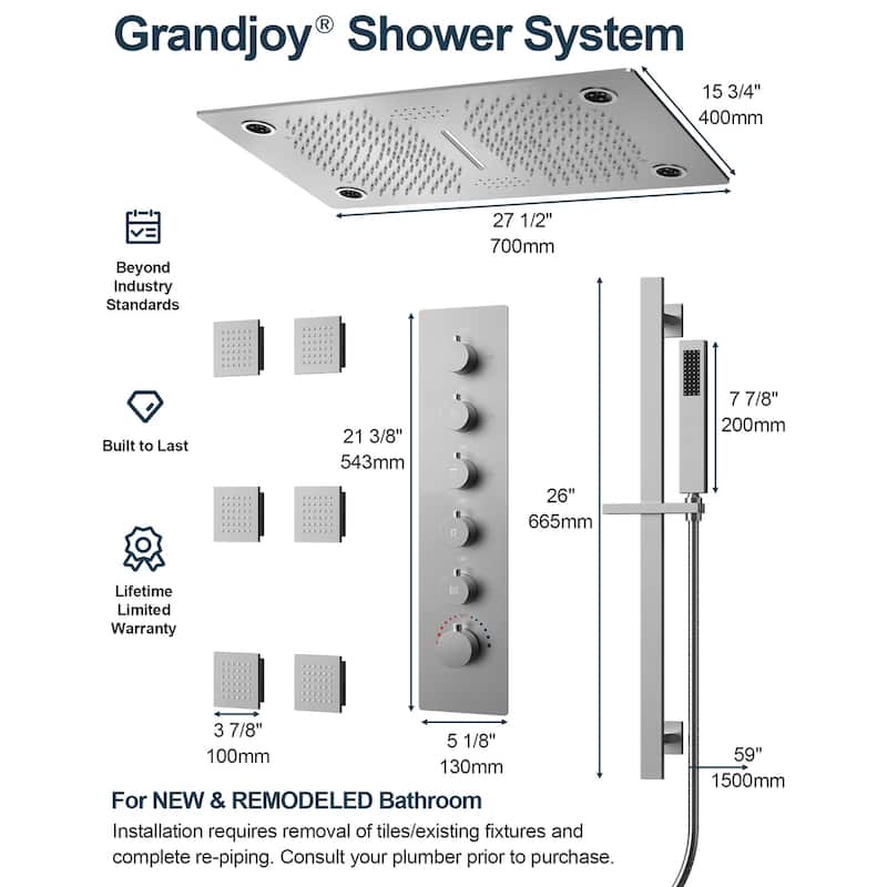 GRANDJOY LUXURY Shower Faucet Set 28"*16" Ceiling Mount Shower Head Body Jets Handheld Spray with Slide Bar LED Music
