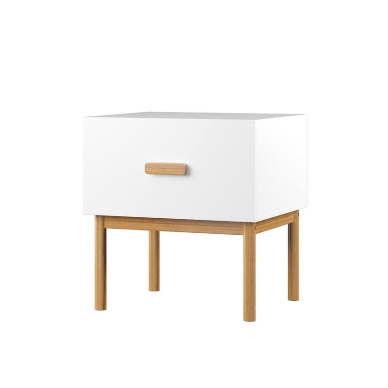 Modern White Nightstand with Drawer and Wood Legs