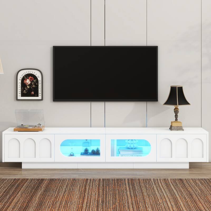 Modern TV Cabinet LED TV Cabinet with Fluted Arched Tempered Glass Doors, 2 Drawers and 2 Cabinets, for Living Room, White