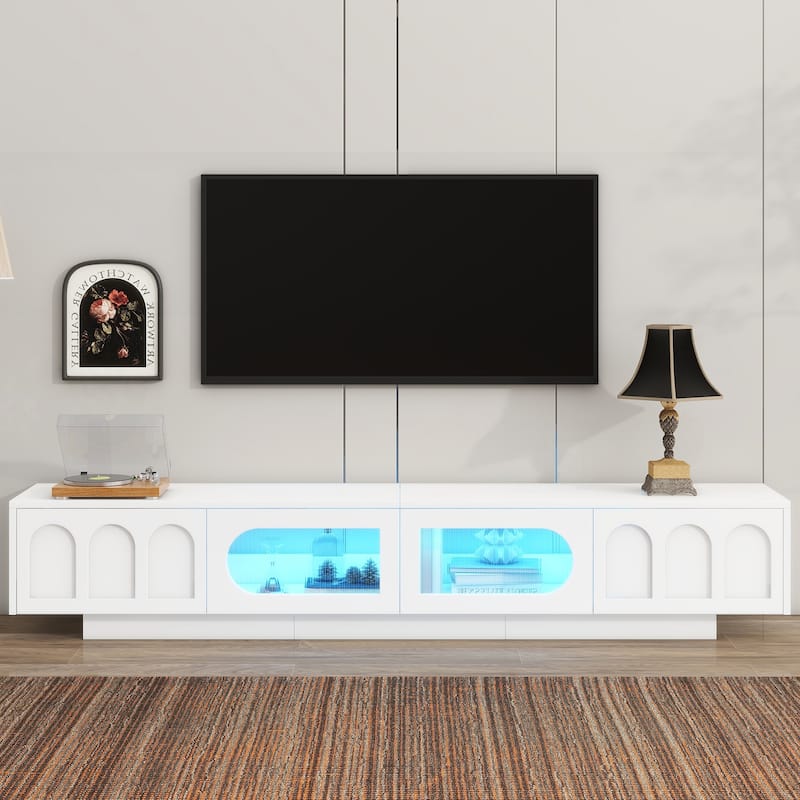 Stylish 95" TV Stand with Fluted Glass & App-Controlled LED Lights - White