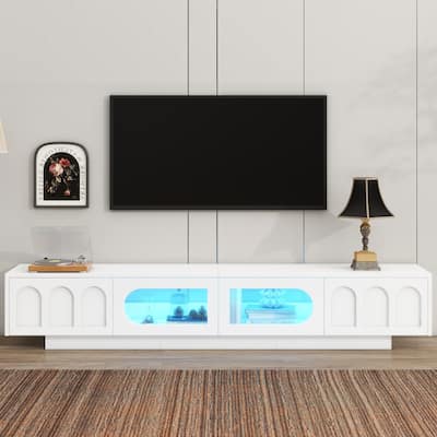 TV Stand with Fluted Tempered Glass Doors, Entertainment Center with APP-Controlled LED Light, Console Table with Drawers