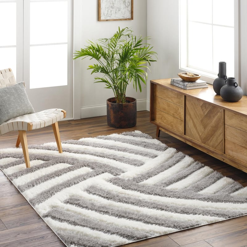 Livabliss Bologna Casual Striped Plush Area Rug - Grey/Ivory - 5' 3" x 7'