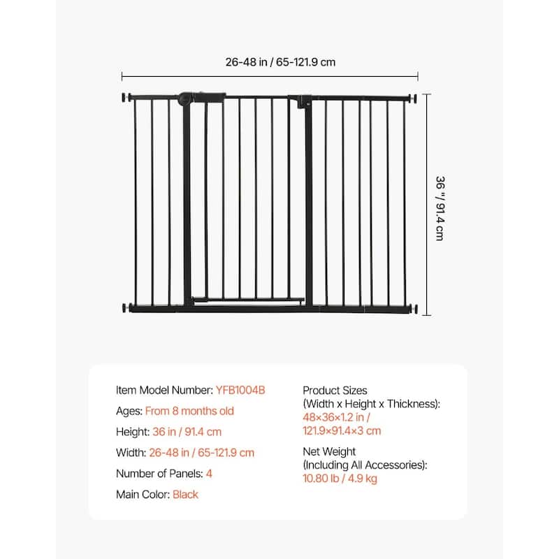 Adjustable 36-Inch Baby Gate with Auto-Close and One-Handed Operation for Stairs Hallways or Kitchens - 26-48”W x 36”H