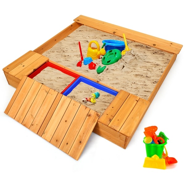 slide 2 of 11, Costway Kids Cedar Sandbox w/ Storage Boxes & Bench Seats Children Natural - Kids