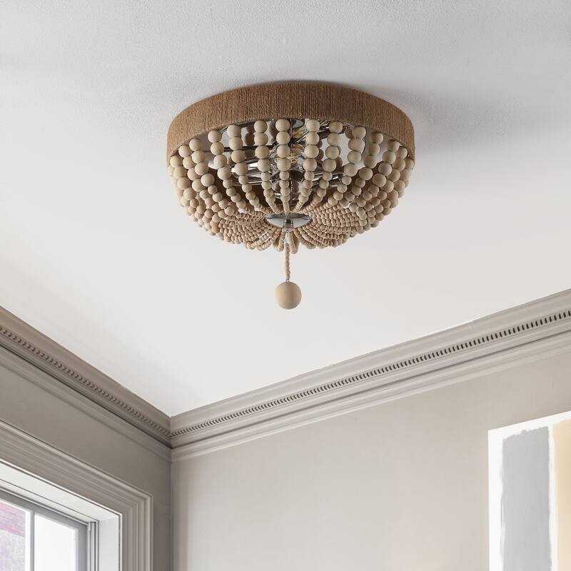 Norris Wood Bead 14" 2-Light Farmhouse Bohemian Iron LED Flush Mount, Light Taupe/Chrome by JONATHAN Y