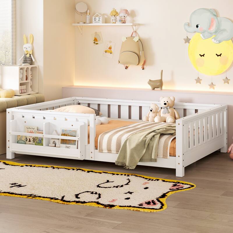 Montessori Floor Bed Low Profile Kids Bed with Rails & Bookshelf