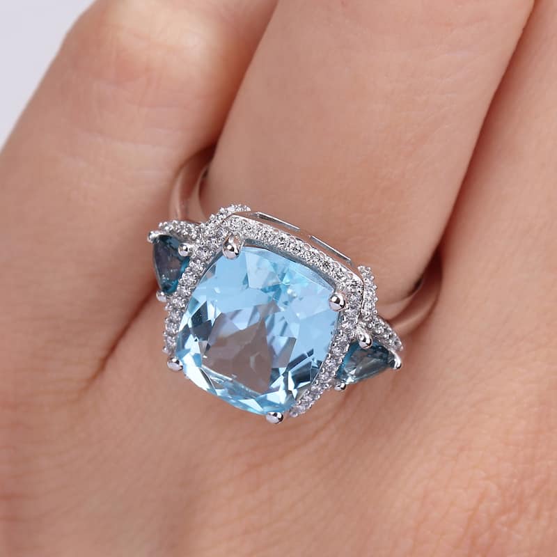 Miadora London & Sky Blue Topaz and 1/3ct TDW Diamond 3-Stone Halo Cocktail Ring in 14k White Gold