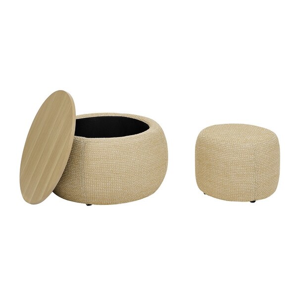 2 in 1 Woven Rattan Fabric Round Storage Ottoman with Small Seat