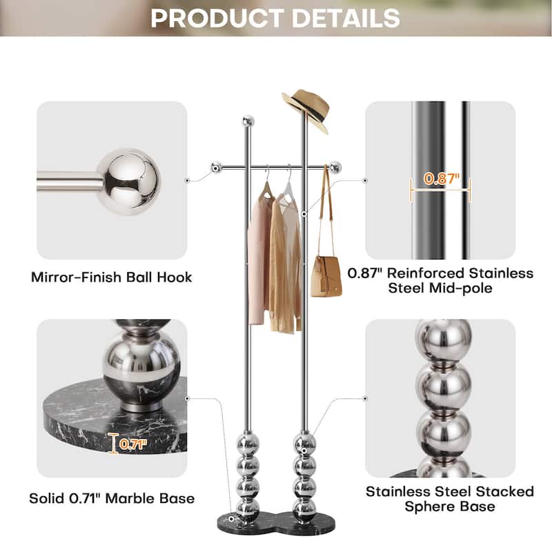 Metal Freestanding Coat Rack with Heavy Duty Marble Base - 70"H x 19.7"W (top) × 17.7"(base) x 9.8"D