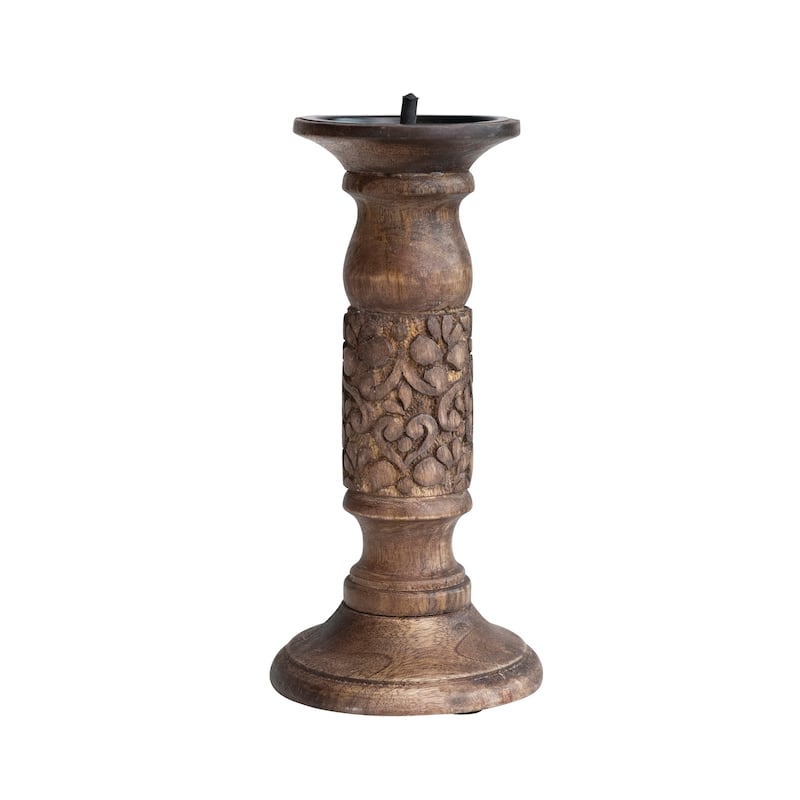 Carved Wood Candle Holder - 5.0"L x 5.0"W x 10.0"H - Brown - 5.0"L x 5.0"W x 10.0"H