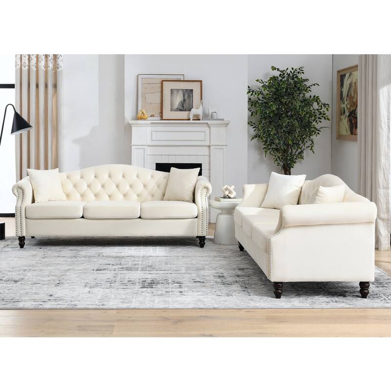 2-pcs Combination sofa Set, 3-seater Beige Velvet Sofa Solid Wood Frame Couch with Nailhead Rolled Armrests for Living Room