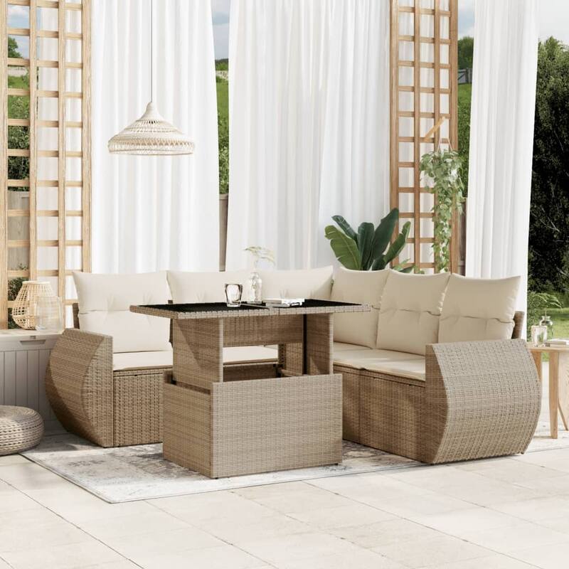 vidaXL Patio Sofa Set with Cushions Outdoor Furniture 6 Piece Poly Rattan - Beige and Cream - 21.7 x 39.4 x 28.7