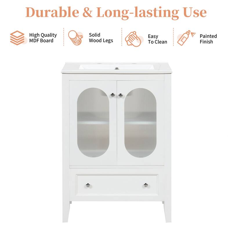 24" Bathroom Vanity with Sink, Bathroom Vanity Cabinet with One Drawer and Doors, Adjustable Shelf, Solid Wood and MDF, White