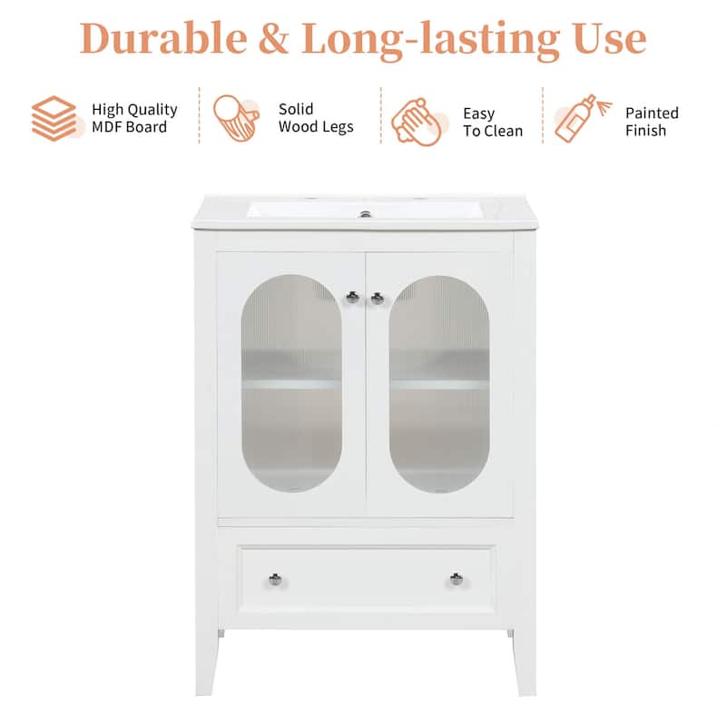 Bathroom Vanity with Sink, Vanity Set with 1 Drawer and 2 Glass Doors, Bathroom Storage Cabinet with Adjustable Shelf