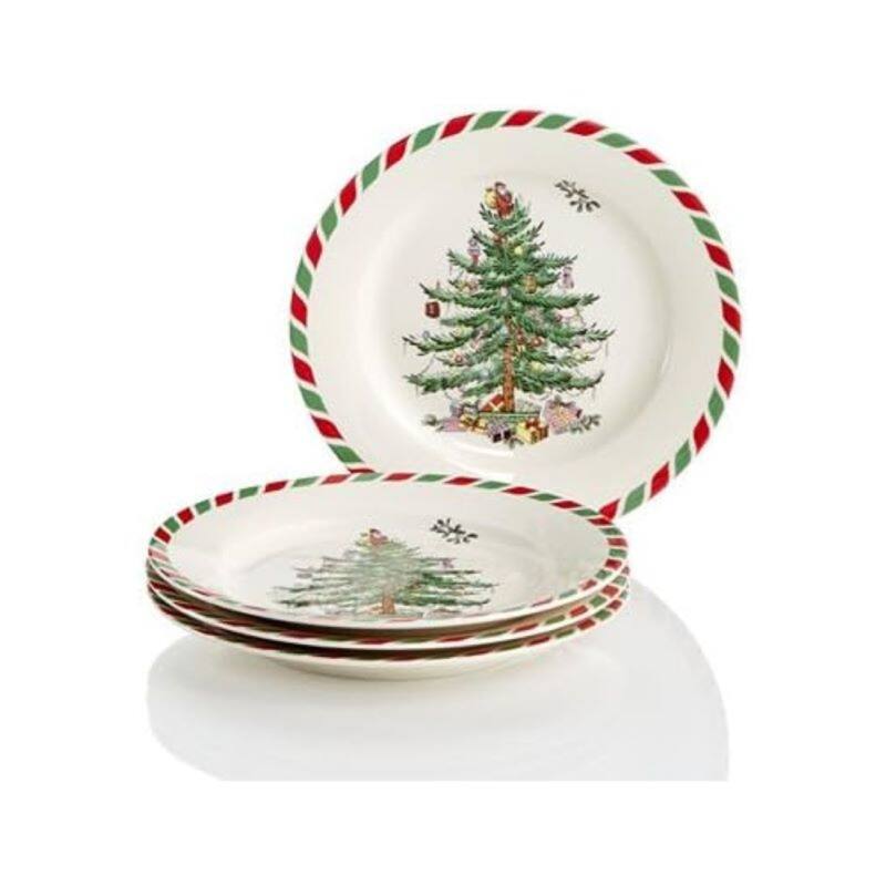 Spode Set of 4 Christmas Tree Candy Cane Dessert Plates - 8" D - 8" D - Multicolored - 4 Piece