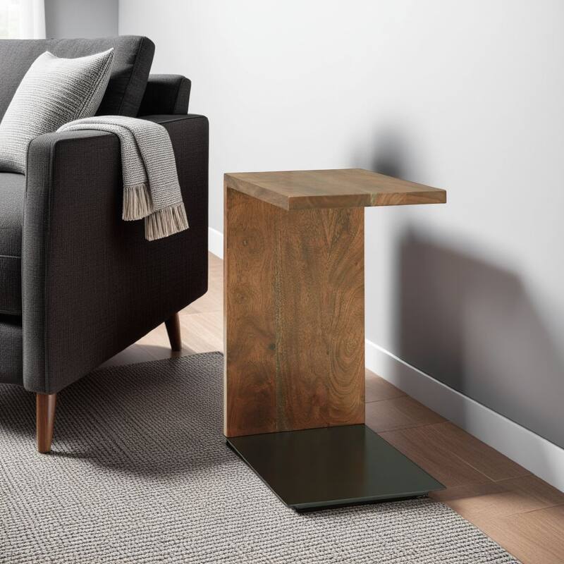 Accent Table, Solid Wood C Shape Design, 18 Inch, Dark Brown