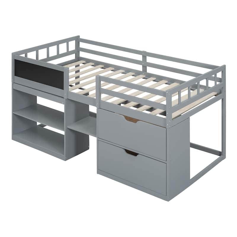 Gray Twin Size Low Loft Bed with Rolling Desk and Storage Drawers