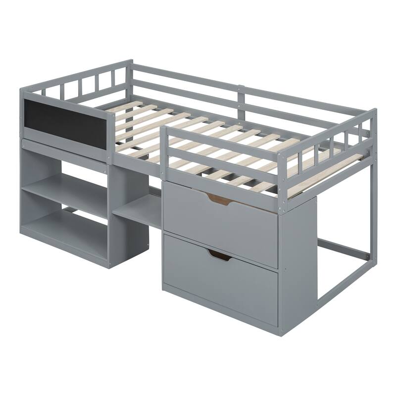 Twin Size Low Loft Platform Bed with Rolling Desk, Bookshelf, and Storage Drawers, Maximize Space and Enhance Your Kids Room