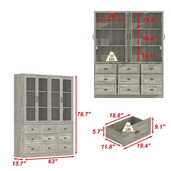 6-Shelves Adjustable Bookshelf Oak Display Bookcase with 9 Drawers