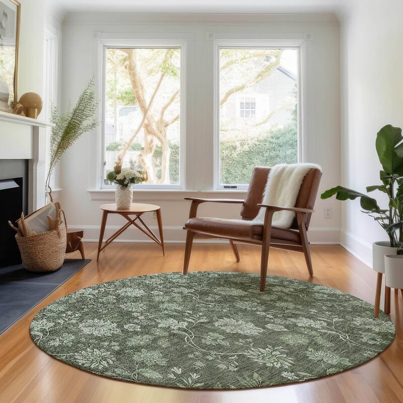 Premium Washable Super Soft Floral Borderless Mayfield Rug - Olive - 8' x 8' - Round