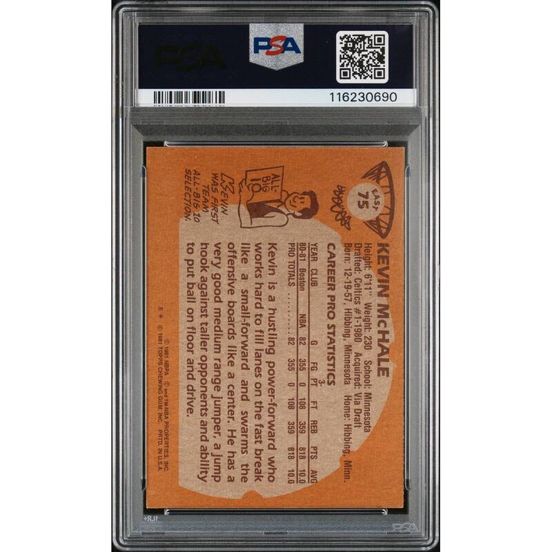 Kevin McHale 1981 Topps East Signed Basketball Rookie Card #75 Auto Graded PSA 10 Cert # 116230690 - 8' x 11'