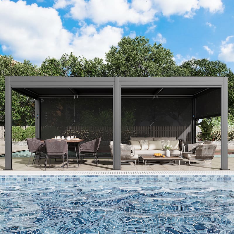 EROMMY Outdoor Louvered Pergola Gazebo with Adjustable Aluminum Rainproof Roof and Pull-Down Screen