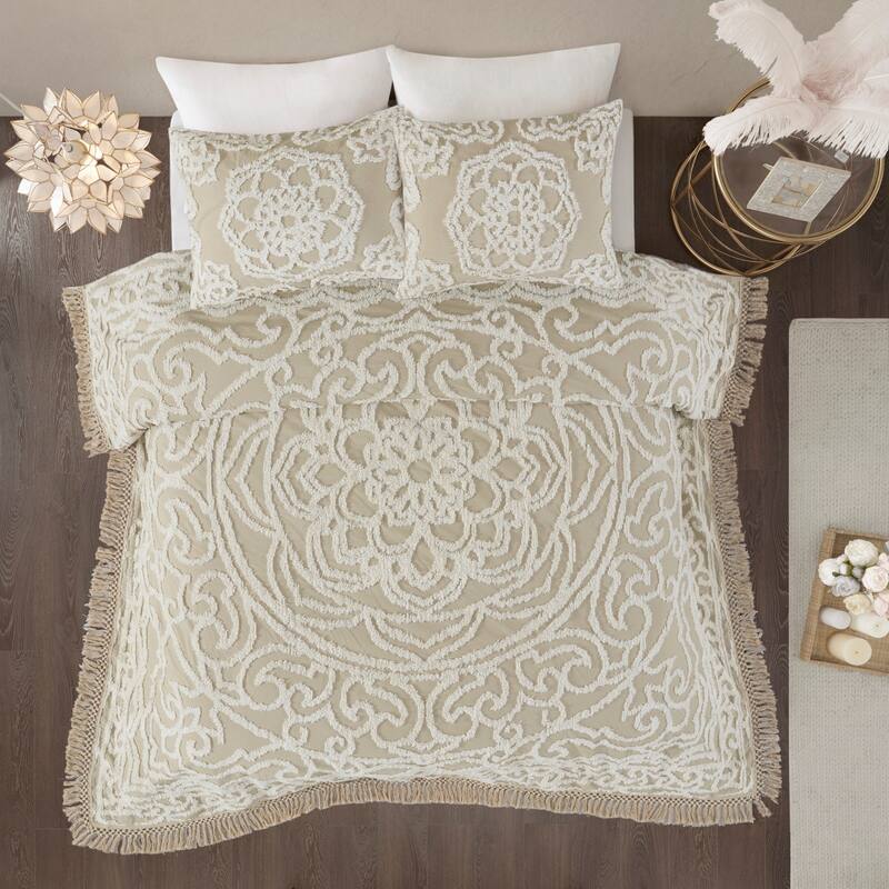 Tufted Cotton Chenille Medallion Fringe Coverlet Mini Set Taupe Full Queen