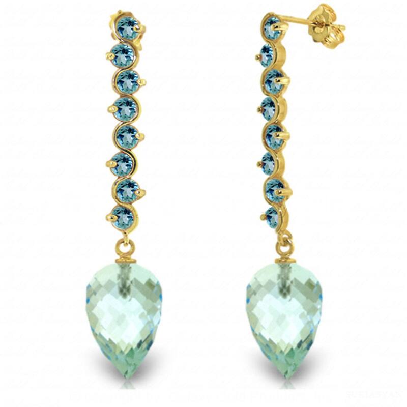 25.6 Carat 14K Solid Gold Drop Briolette Blue Topaz Gemstone Earrings - Yellow