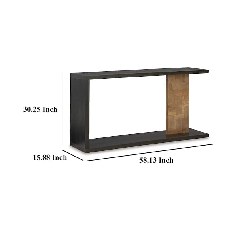 Console Sofa Table, Solid Wood C Shape w Shelf, Black Brown 58 Inch