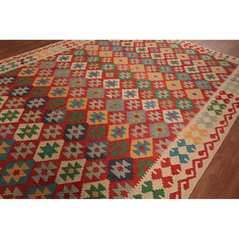 Geometric Kilim Orange Area Rug Hand-Woven Wool Carpet - 8'3" x 11'3"