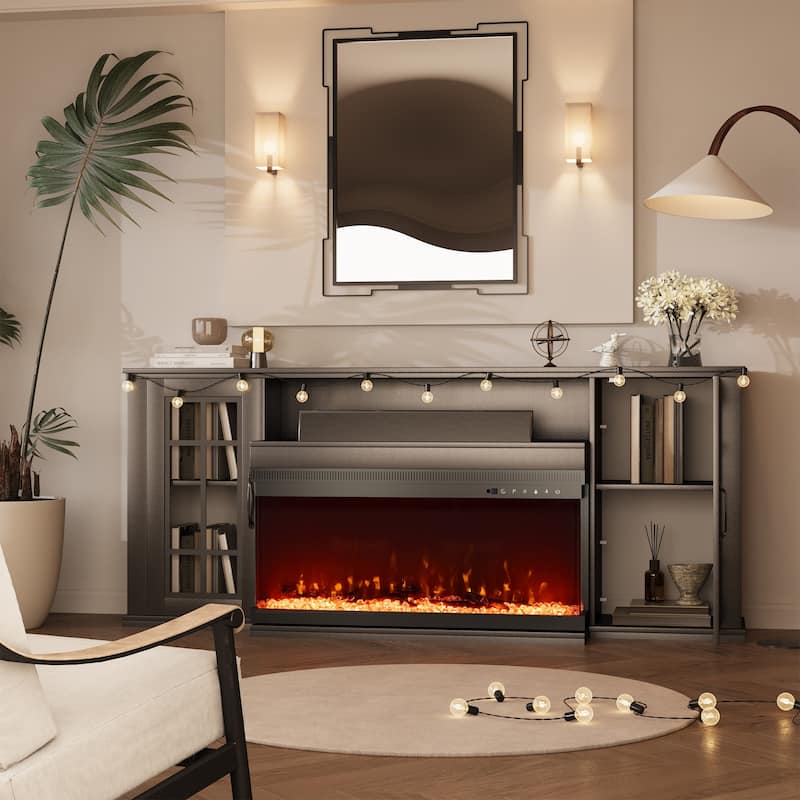 70" Fireplace TV Stand with 3-Sided Glass, ETL Certified, 12 Flame Colors, Realistic Ember Bed, Accommodates TVs up to 80"